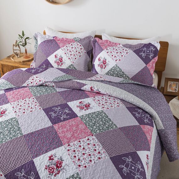 HoneiLife Steppdecken-Sets in Queen-Size, 3-teiliges Mikrofaser-Bettwäsche-Set, leichte Steppdecken, wendbar, Retro-Bettbezug, mit Blumenmotiv, Bettwäsche-Set für alle Jahreszeiten, Violett
