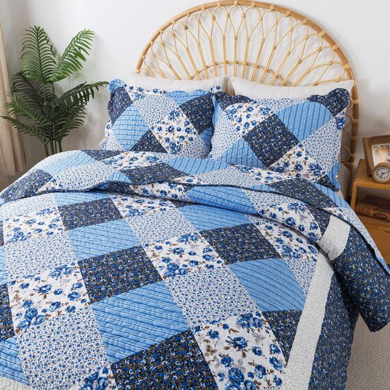 HoneiLife Bettwäsche-Set für King-Size-Betten – 3-teiliges Mikrofaser-Steppdecken, wendbar, Blumen-Bettwäsche-Set für alle Jahreszeiten, Steppdecken mit blauem und weißem Porzellan-Muster