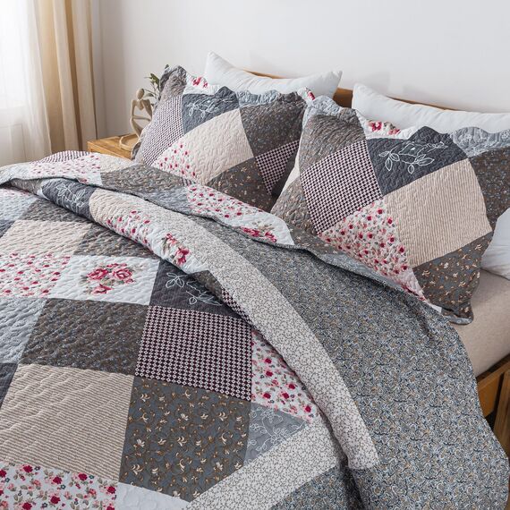HoneiLife Bettwäsche-Set für King-Size-Betten – 3-teiliges Mikrofaser-Bettwäsche-Set, leichte Tagesdecken, wendbare Decken, Retro-Bettbezug, Steppdecke, für alle Jahreszeiten, Grau