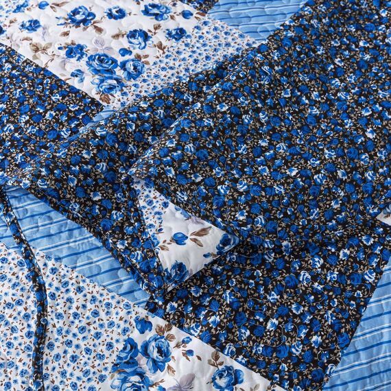 HoneiLife Steppdecken-Set in Queen-Size, 3-teilig, Mikrofaser, wendbar, Patchwork-Bezüge, Blumen-Bettwäsche-Set, Ganzjahresdecke, Blau-Weißes Porzellanmuster