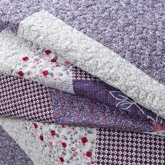 HoneiLife Steppdecken-Sets in Queen-Size, 3-teiliges Mikrofaser-Bettwäsche-Set, leichte Steppdecken, wendbar, Retro-Bettbezug, mit Blumenmotiv, Bettwäsche-Set für alle Jahreszeiten, Violett