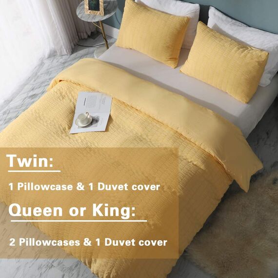 AveLom Gelber Bettbezug für King-Size-Bett, 264.2 x 228.6 cm, 3-teilig (1 Bettbezug + 2 Kissenbezüge), Seersucker-Textur, strukturierter Bettbezug mit Reißverschluss, Eckbänder