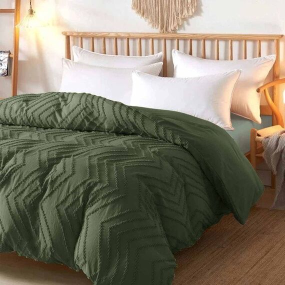 Nanko Olivgrünes Bettbezug-Set, Queen-Size-Größe, 3-teilig, Boho, getuftet, Mikrofaser, für alle Jahreszeiten, ästhetisch, Shabby-Chic, weiche Stickerei, strukturiert, geometrischer Bettbezug (228 x