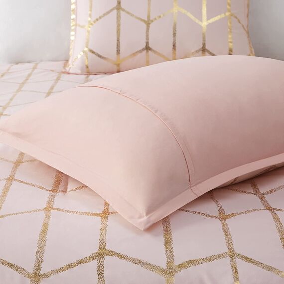 Intelligent Design Raina Tröster Set Metallischer Druck Geometrisches Design Modern Trendy Ganzjahres-Bettwäscheset Matching Sham Decorative Pillow Blush/Gold Full/Queen 5-teilig