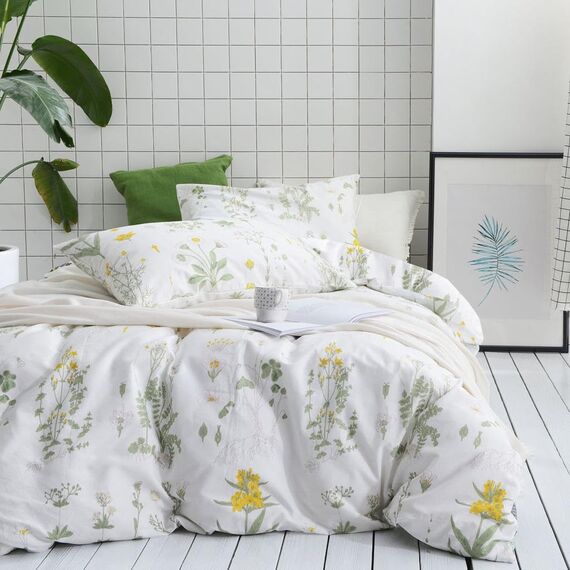 Wake In Cloud - Botanical Tröster-Set, 100 % Baumwolle, Blumenmuster, Cottagecore, neutral, Shabby-Chic-Stil, Kokette, ästhetisch, 3-teiliges Bettwäsche-Set, Gelbgrün, Queen-Size-Größe