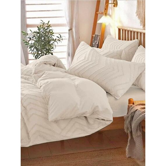 Nanko Beigefarbenes Bettbezug-Set für Doppelbett, Boho, getuftete Mikrofaser, für alle Jahreszeiten, ästhetisch, Shabby-Chic, weiche Stickerei, strukturiert, geometrisch, 172,7 x 228,6 cm, Beige