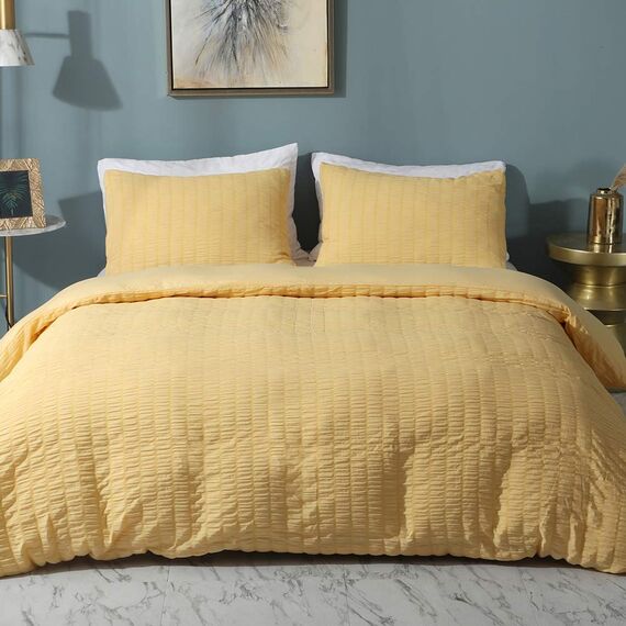 AveLom Gelber Bettbezug für King-Size-Bett, 264.2 x 228.6 cm, 3-teilig (1 Bettbezug + 2 Kissenbezüge), Seersucker-Textur, strukturierter Bettbezug mit Reißverschluss, Eckbänder