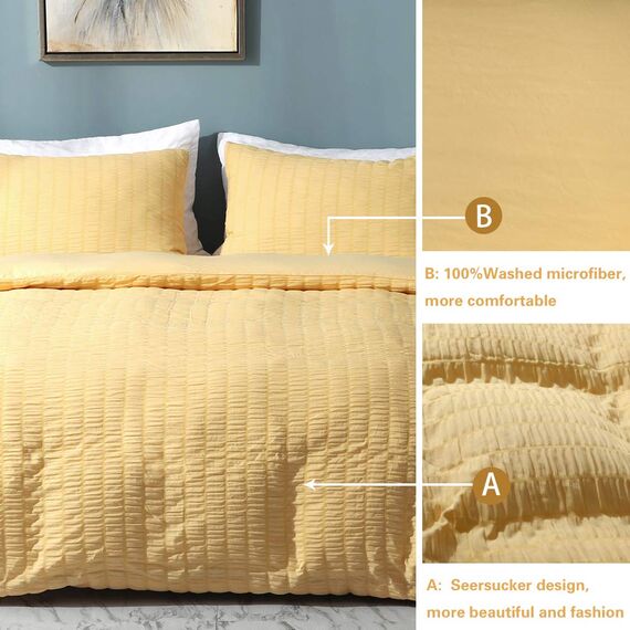 AveLom Gelber Bettbezug für King-Size-Bett, 264.2 x 228.6 cm, 3-teilig (1 Bettbezug + 2 Kissenbezüge), Seersucker-Textur, strukturierter Bettbezug mit Reißverschluss, Eckbänder