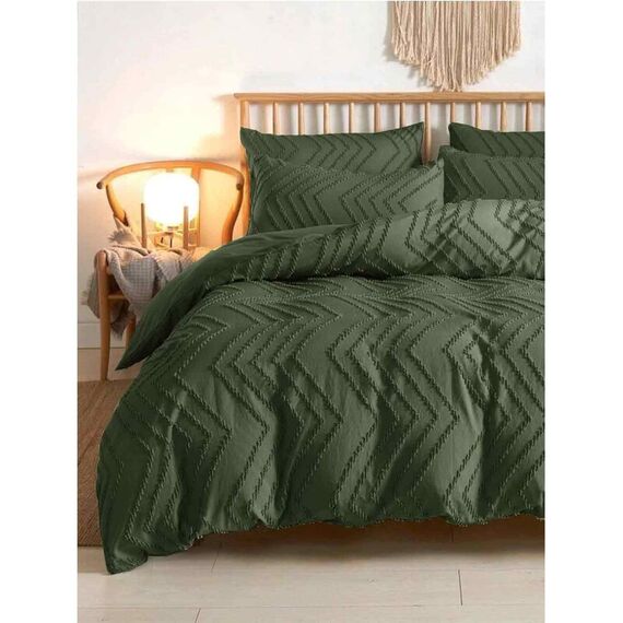 Nanko Olivgrünes Bettbezug-Set, Queen-Size-Größe, 3-teilig, Boho, getuftet, Mikrofaser, für alle Jahreszeiten, ästhetisch, Shabby-Chic, weiche Stickerei, strukturiert, geometrischer Bettbezug (228 x