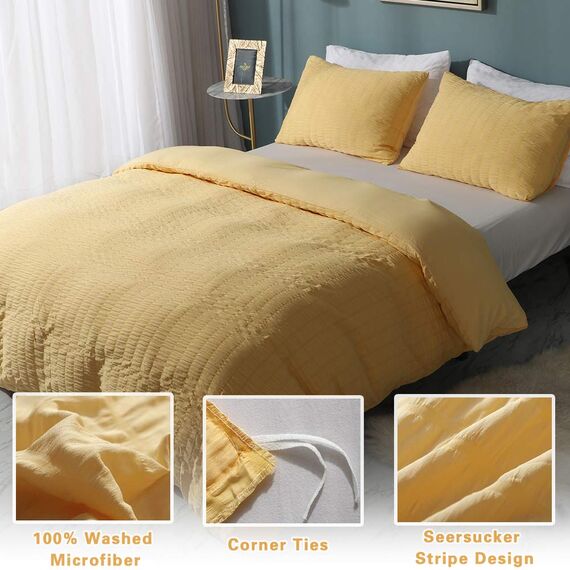 AveLom Gelber Bettbezug für King-Size-Bett, 264.2 x 228.6 cm, 3-teilig (1 Bettbezug + 2 Kissenbezüge), Seersucker-Textur, strukturierter Bettbezug mit Reißverschluss, Eckbänder