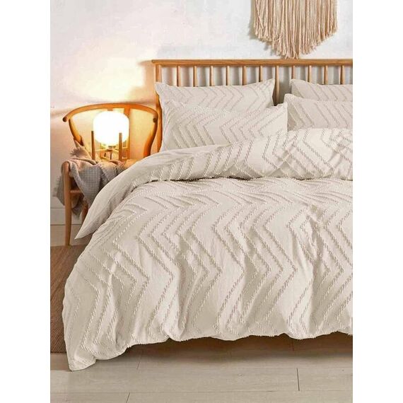Nanko Beigefarbenes Bettbezug-Set für Doppelbett, Boho, getuftete Mikrofaser, für alle Jahreszeiten, ästhetisch, Shabby-Chic, weiche Stickerei, strukturiert, geometrisch, 172,7 x 228,6 cm, Beige
