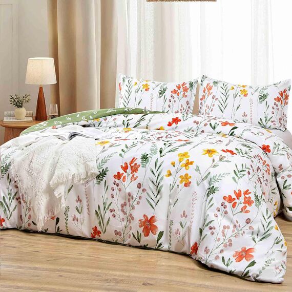 Nanko Bettwäsche-Set mit Blumenmuster, King-Size-Größe, 3-teilig, grüne Blätter, gelbe Blumen, botanisches Muster, weiche und leichte Mikrofaser, wendbar, für Damen, 267 x 228 cm, Weiß