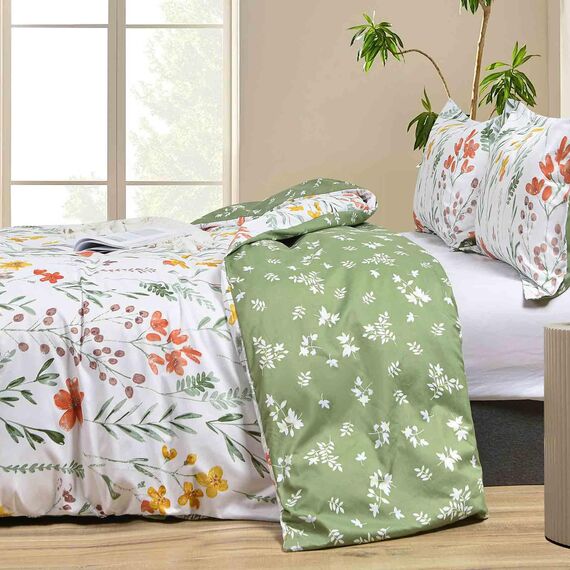 Nanko Bettwäsche-Set mit Blumenmuster, King-Size-Größe, 3-teilig, grüne Blätter, gelbe Blumen, botanisches Muster, weiche und leichte Mikrofaser, wendbar, für Damen, 267 x 228 cm, Weiß