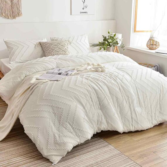 NANKO Weißer Bettbezug Queen-Size-Größe, 3-teilig, Boho, getuftete Mikrofaser, Bettwäscheset, für alle Jahreszeiten, ästhetisch, Shabby Chic, strukturiert, geometrischer Bettbezug (90x90 cm)