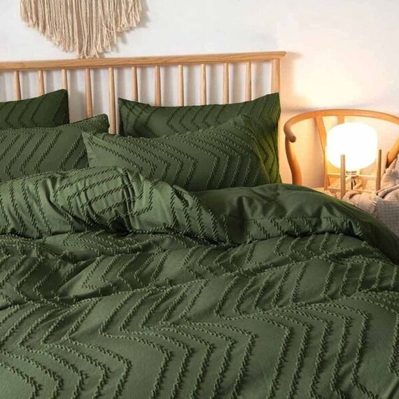 Nanko Olivgrüner Bettbezug, King-Size-Größe, 3-teiliges Boho-Bettwäsche-Set, getuftet mit Rautenmuster, Mikrofaser, ästhetisch, weiche Stickerei, strukturierter geometrischer Bettbezug (104x90)