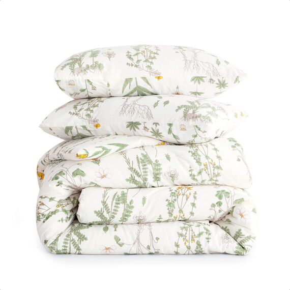 Wake In Cloud - Botanical Tröster-Set, 100 % Baumwolle, Blumenmuster, Cottagecore, neutral, Shabby-Chic-Stil, Kokette, ästhetisch, 3-teiliges Bettwäsche-Set, Gelbgrün, Queen-Size-Größe