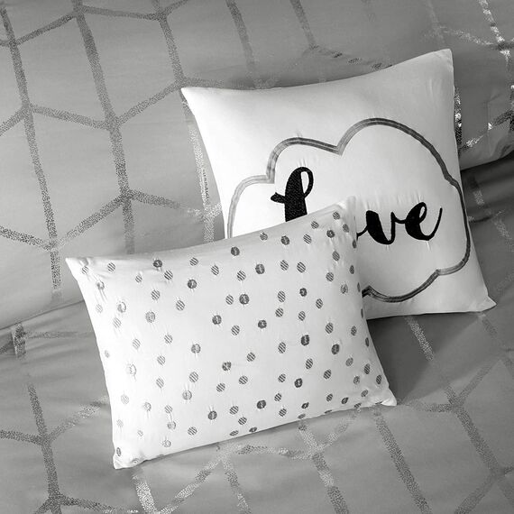 Intelligent Design Raina Tröster Set Metallischer Druck Geometrisches Design Modern Trendy Ganzjahres-Bettwäscheset Matching Sham, Dekokissen, Grau/Silber, Full/Queen, 5-teilig