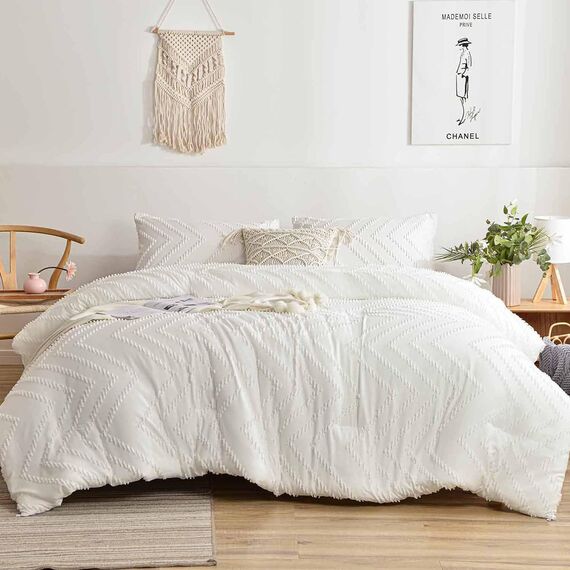 Nanko California-King-Bettwäsche-Set, 3-teilig, Boho-Stil, getuftete Mikrofaser, Cal King, für alle Jahreszeiten, ästhetisch, Shabby-Chic, weiche Stickerei, strukturiert, geometrischer Bettbezug