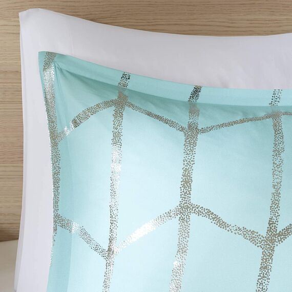 Intelligent Design Raina King Bettdecken-Set, weiche Mikrofaser, modernes geometrisches Metallic-Bett-Set, 5-teilig, mit 2 Kissenbezügen, 2 Wurfkissen, Aqua