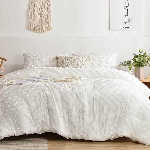 NANKO Weißer Bettbezug Queen-Size-Größe, 3-teilig, Boho, getuftete Mikrofaser, Bettwäscheset, für alle Jahreszeiten, ästhetisch, Shabby Chic, strukturiert, geometrischer Bettbezug (90x90 cm)