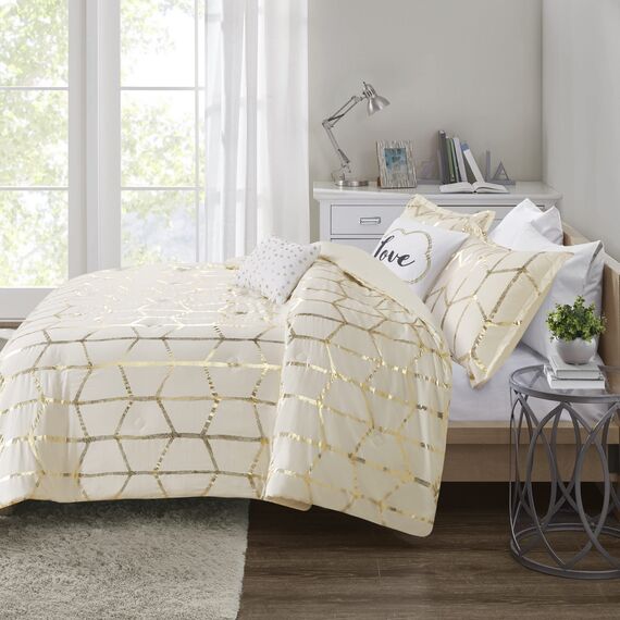 Intelligent Design Raina Bettwäsche-Set, King/Cal King, Elfenbein/Gold