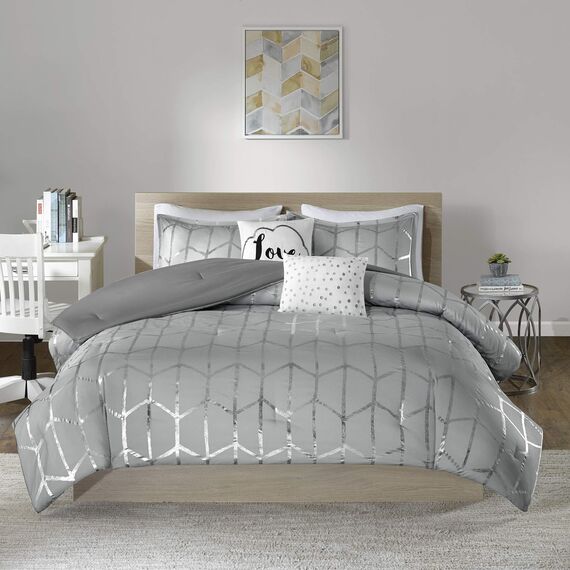 Intelligent Design Raina Tröster Set Metallischer Druck Geometrisches Design Modern Trendy Ganzjahres-Bettwäscheset Matching Sham, Dekokissen, Grau/Silber, Full/Queen, 5-teilig