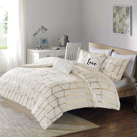 Intelligent Design Raina Bettwäsche-Set, King/Cal King, Elfenbein/Gold