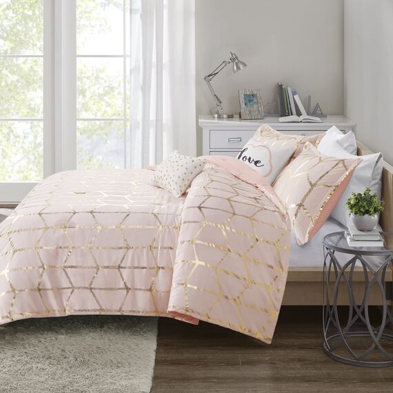 Intelligent Design Raina Tröster Set Metallischer Druck Geometrisches Design Modern Trendy Ganzjahres-Bettwäscheset Matching Sham Decorative Pillow Blush/Gold Full/Queen 5-teilig