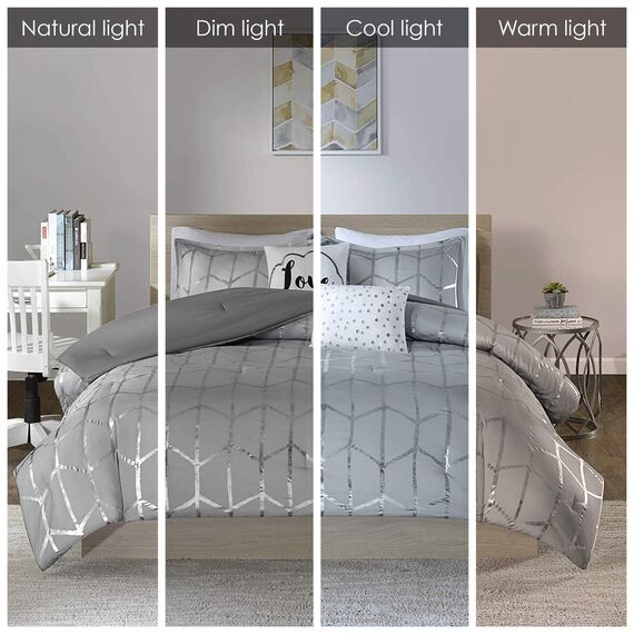 Intelligent Design Raina Tröster Set Metallischer Druck Geometrisches Design Modern Trendy Ganzjahres-Bettwäscheset Matching Sham, Dekokissen, Grau/Silber, Full/Queen, 5-teilig
