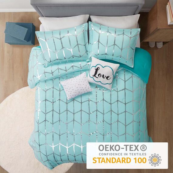 Intelligent Design Raina King Bettdecken-Set, weiche Mikrofaser, modernes geometrisches Metallic-Bett-Set, 5-teilig, mit 2 Kissenbezügen, 2 Wurfkissen, Aqua