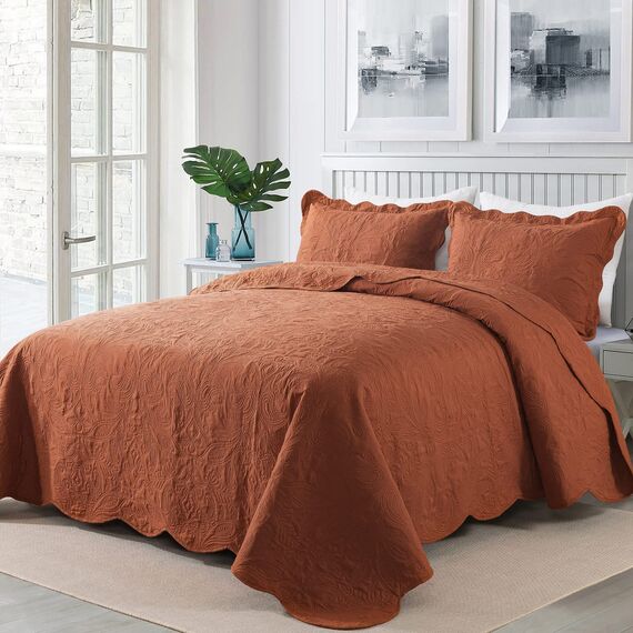 HoneiLife Bestickte Steppdecke für King-Size-Betten – 3-teiliges Mikrofaser-Bettwäsche-Set, leichte Tagesdecken, wendbare Decken, Retro-Bettbezug, Paisleymuster, Ganzjahresdecken, rostfarben