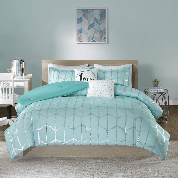 Intelligent Design Raina King Bettdecken-Set, weiche Mikrofaser, modernes geometrisches Metallic-Bett-Set, 5-teilig, mit 2 Kissenbezügen, 2 Wurfkissen, Aqua