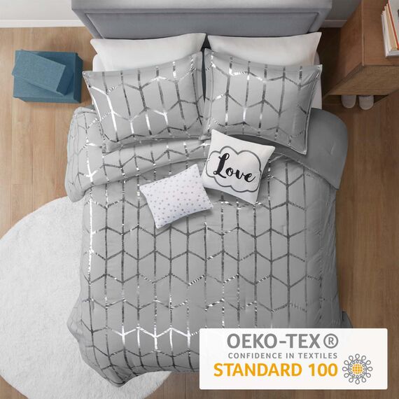 Intelligent Design Raina Comforter Set King/Cal King Size - Grey Silver, Geometric – 5 Piece Bed Sets – Ultra Soft Microfiber Teen Bedding for Girls Bedroom