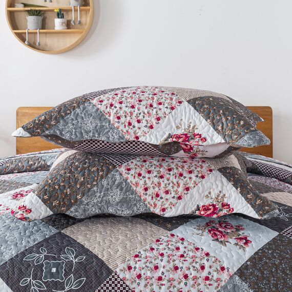 HoneiLife Queen-Size-Bettwäsche-Set – 3-teilig – graue Bordüre aus Mikrofaser – leichte, wendbare Bettdecken mit Blumenmuster – Ganzjahresdecken