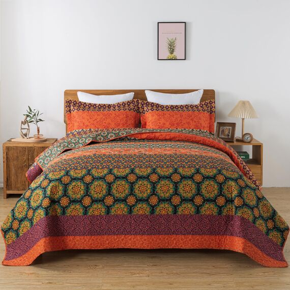 HoneiLife Steppdecken-Sets in King-Size, 3-teiliges Mikrofaser-Bettwäsche-Set, leichte Steppdecken, Wildblumen, Retro-Bettbezug, Steppdecke, Bettwäsche-Set für alle Jahreszeiten, Orange (Pumpkin)