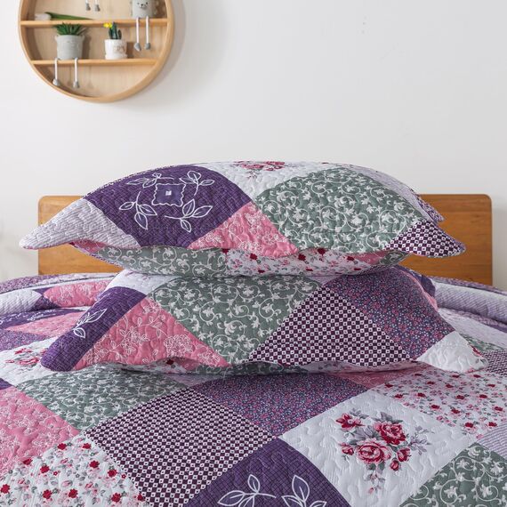 HoneiLife Steppdecken-Sets in King-Size, 3-teiliges Mikrofaser-Bettwäsche-Set, leichte Steppdecken, wendbar, Retro-Bettbezug, King-Size-Steppdecke, Bettwäsche-Set für alle Jahreszeiten, Violett