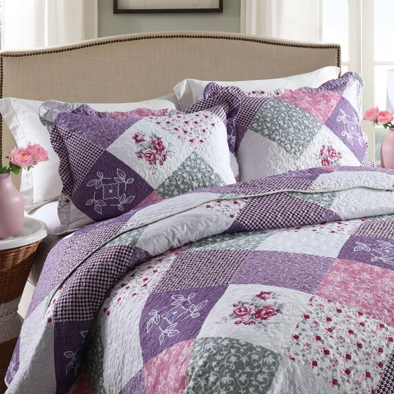 HoneiLife Bettwäsche-Set für King-Size-Betten, 3-teilig, Mikrofaser, wendbar, Patchwork-Bezüge, Blumen-Bettwäsche-Set, Ganzjahresdecke, kleine Rose, Lila