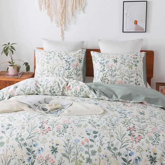 HoneiLife Duvet Dover King Size – 100% Baumwolle, Bettbezug, Blumenmuster, atmungsaktiver Bettbezug mit Reißverschluss und Eckbändern, 3-teiliges Wildblumen-Bettwäsche-Set, duftendes Gras
