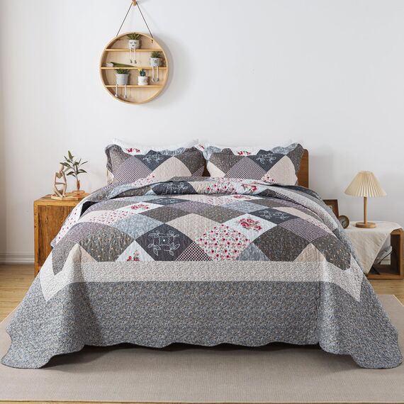 HoneiLife Queen-Size-Bettwäsche-Set – 3-teilig – graue Bordüre aus Mikrofaser – leichte, wendbare Bettdecken mit Blumenmuster – Ganzjahresdecken