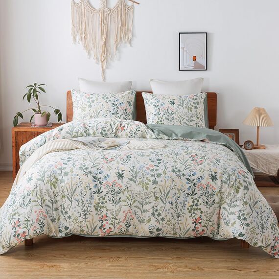 HoneiLife Duvet Dover King Size – 100% Baumwolle, Bettbezug, Blumenmuster, atmungsaktiver Bettbezug mit Reißverschluss und Eckbändern, 3-teiliges Wildblumen-Bettwäsche-Set, duftendes Gras