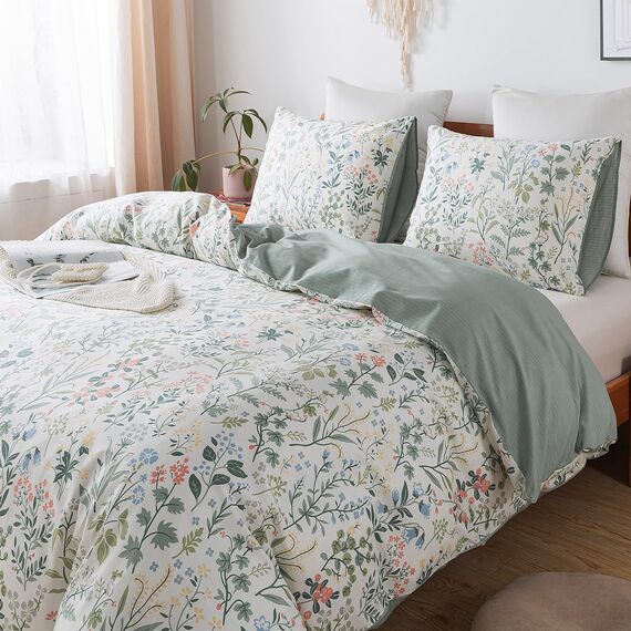 HoneiLife Duvet Dover King Size – 100% Baumwolle, Bettbezug, Blumenmuster, atmungsaktiver Bettbezug mit Reißverschluss und Eckbändern, 3-teiliges Wildblumen-Bettwäsche-Set, duftendes Gras