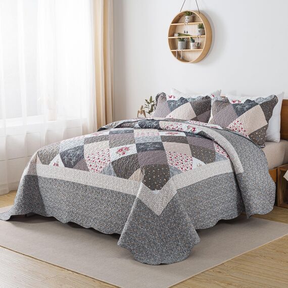 HoneiLife Queen-Size-Bettwäsche-Set – 3-teilig – graue Bordüre aus Mikrofaser – leichte, wendbare Bettdecken mit Blumenmuster – Ganzjahresdecken