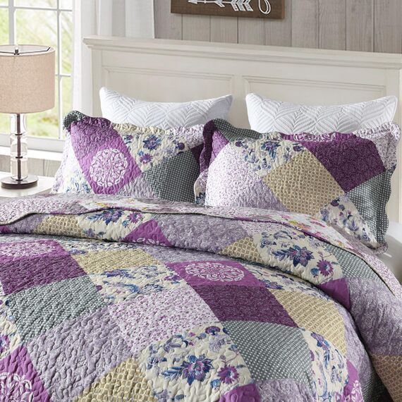 HoneiLife Bettwäsche-Set für King-Size-Betten – 3-teiliges Mikrofaser-Steppdecken, wendbare Tagesdecken, Patchwork-Decken, Blumen-Bettwäsche-Set, Steppdecken – Spätfrühling, Kingsize-Bett