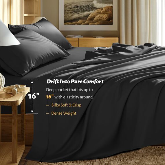 Shilucheng 100 % ägyptisches Baumwoll-Bettwäsche-Set Queen-Size, 1000 Fadenzahl, luxuriöse Baumwollbettlaken, atmungsaktiv, kühl, mit Kissenbezügen, 41 cm tiefe Tasche, 4-teilig (Schwarz, Queen)