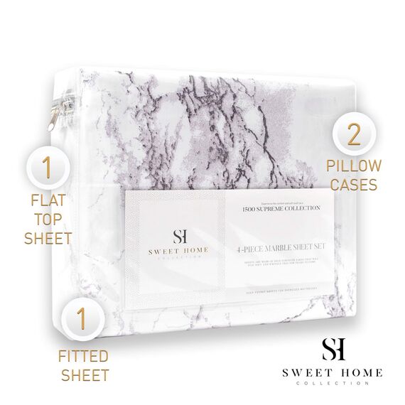 1500 Supreme Collection 4-teiliges Bettlaken-Set, extra weicher Marmordruck, Luxus-Bettlaken-Set mit tiefer Tasche, knitterfreie Bettwäsche, Queen-Size-Größe