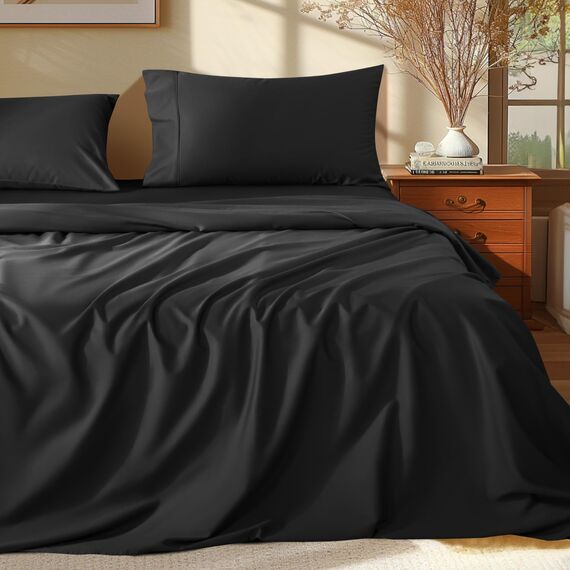 Shilucheng 100 % ägyptisches Baumwoll-Bettwäsche-Set Queen-Size, 1000 Fadenzahl, luxuriöse Baumwollbettlaken, atmungsaktiv, kühl, mit Kissenbezügen, 41 cm tiefe Tasche, 4-teilig (Schwarz, Queen)