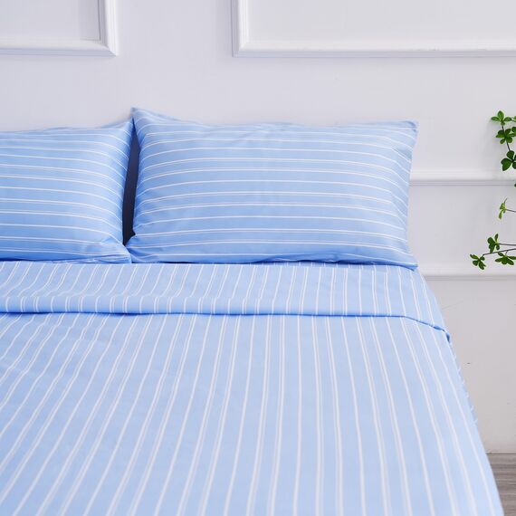 Superweiches Bettwäsche-Set mit blauen Streifen, 4-teilig mit 40,6 cm tiefen Taschen, leichte, pflegeleichte Mikrofaser, Streifenmuster, Bettwäsche-Set für alle Jahreszeiten