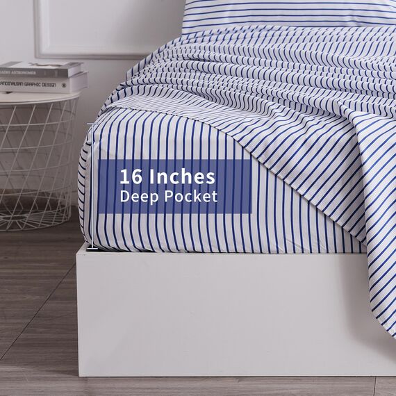 Blau-gestreiftes Bettlaken-Set, 4-teilig, mit 40,6 cm tiefen Taschen, superweich und knitterfrei, gestreift, Hotel-Bettwäsche, blau-weiß gestreift, Nadelstreifen-Bettwäsche für alle Jahreszeiten