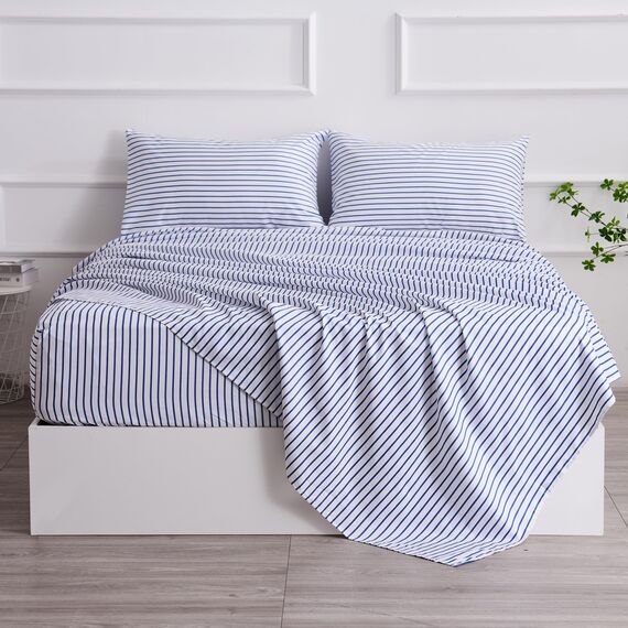 Blau-gestreiftes Bettlaken-Set, 4-teilig, mit 40,6 cm tiefen Taschen, superweich und knitterfrei, gestreift, Hotel-Bettwäsche, blau-weiß gestreift, Nadelstreifen-Bettwäsche für alle Jahreszeiten