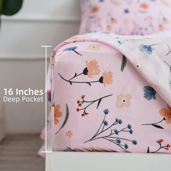 Pinkes Queen-Bettwäsche-Set mit Blumenmuster, 4-teilig, rosa botanisch gemustert, Mikrofaser, Bettwäsche, Dekor, atmungsaktiv und langlebig, Queen-Size-Bettlaken-Set bis 40,6 cm tief,